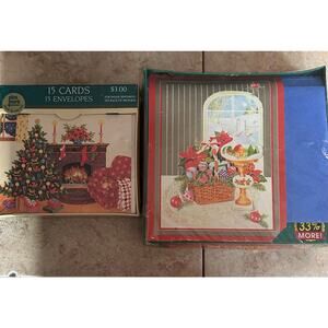 1992 Vinatage Christmas Cards Poinsettias Basket Chimney Xmas Tree Picture NEW